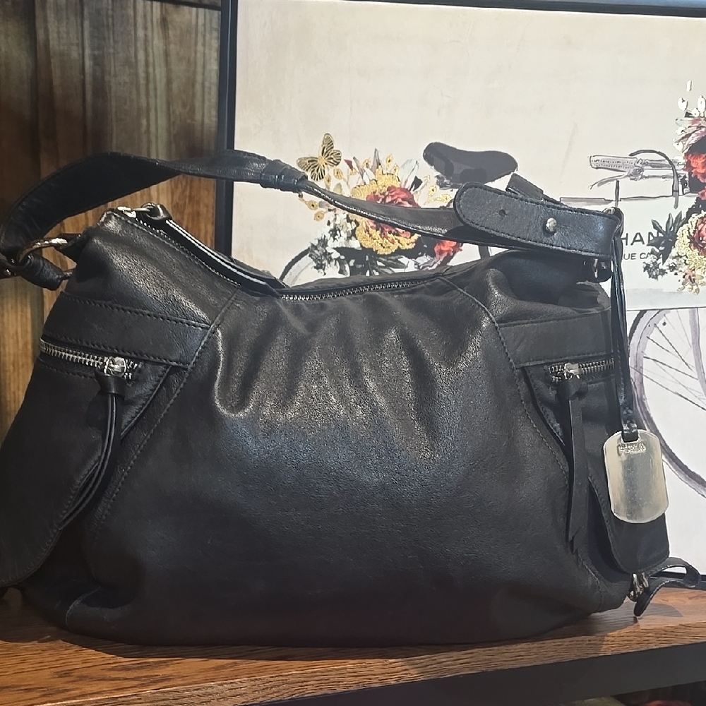 Furla Black Leather Hobo with Silver Tag